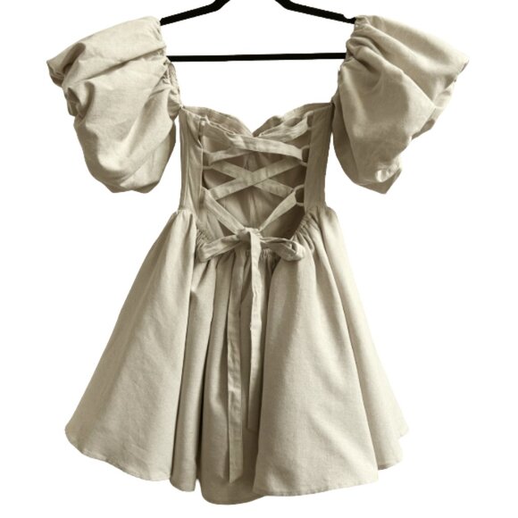 NWT Meshki Sina Ruffle-Sleeve Mini Dress Beige Linen Blend Boutique Designer XS - Picture 8 of 15